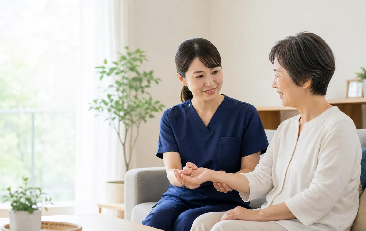 訪問看護ステーション 空のいろの看護師が訪問先で対応する様子