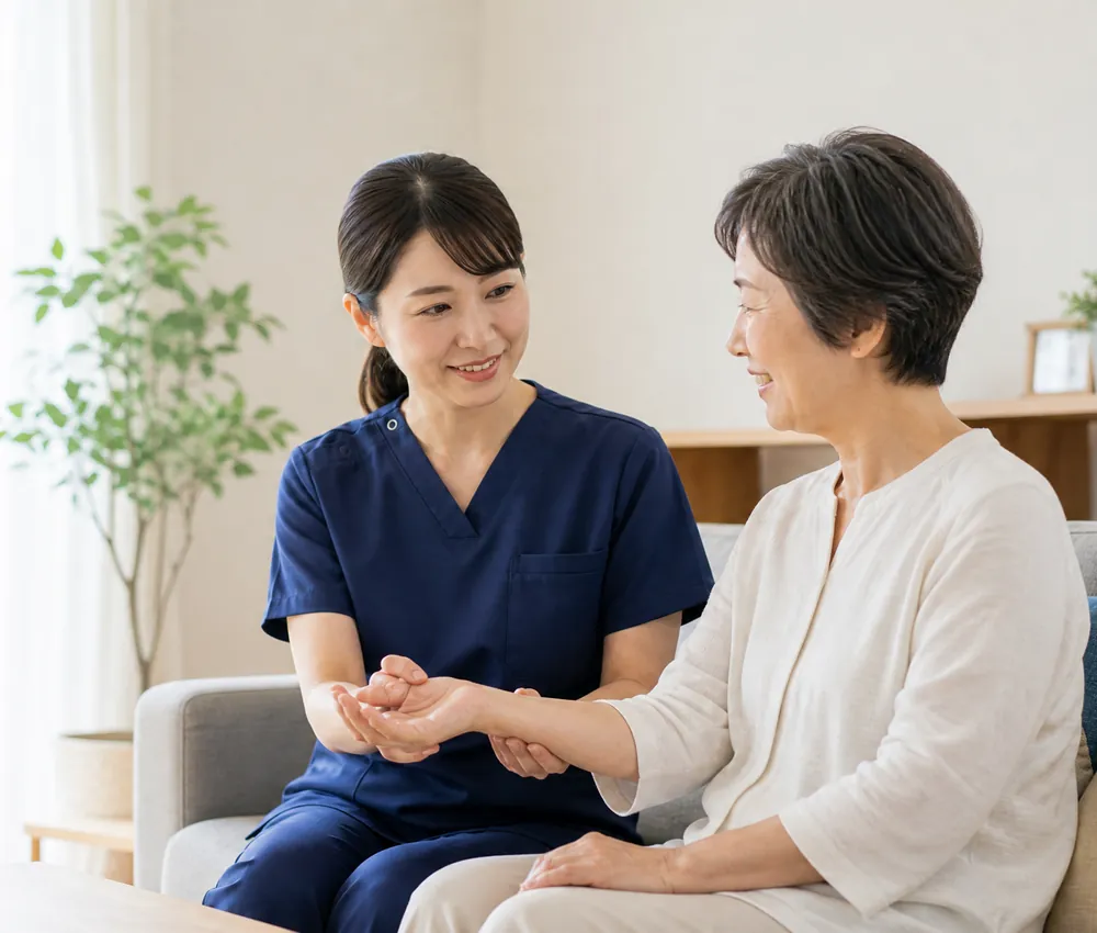 ご自宅で看護師が利用者様の体調を確認している様子
