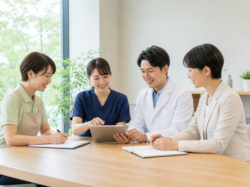 看護師・ヘルパー・薬剤師・相談員が連携して打ち合わせをする様子